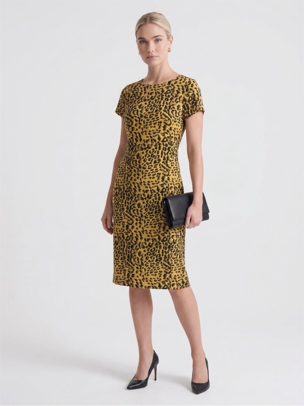 Leopard Print Cap Sleeve Midi Dress - Golden Yellow & Black